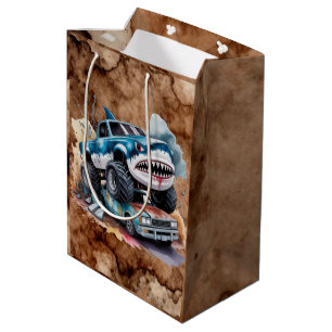 Shark Monster Truck Mud Splatter Boy Birthday  Medium Gift Bag