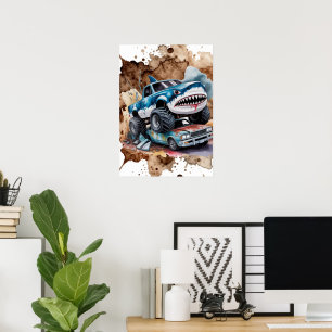 Shark Monster Truck Mud Splatter Boy Birthday Poster