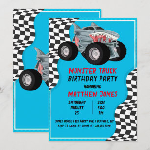 Shark Monster Truck Racing Flag Birthday Party Invitation