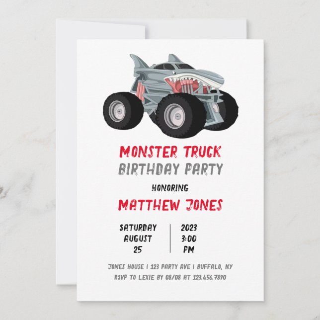 Shark Monster Truck Racing Flag Birthday Party Invitation (Front)
