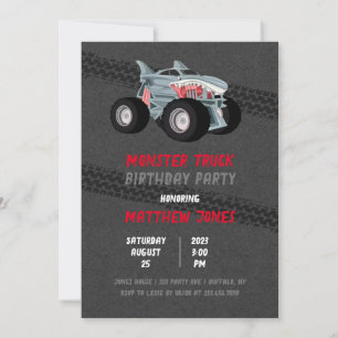 Shark Monster Truck Racing Flag Birthday Party Invitation