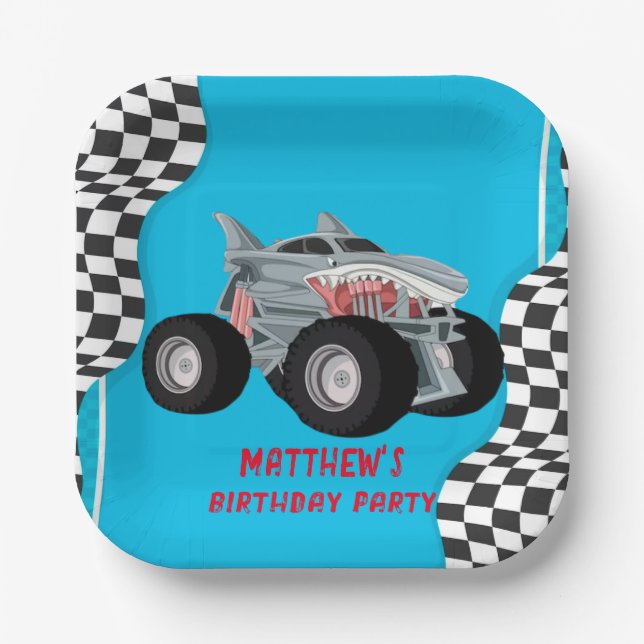 Shark Monster Truck Racing Flag Birthday Party Paper Plate (Front)