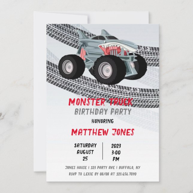 Shark Monster Truck Tire Tracks Birthday Party Invitation (Front)