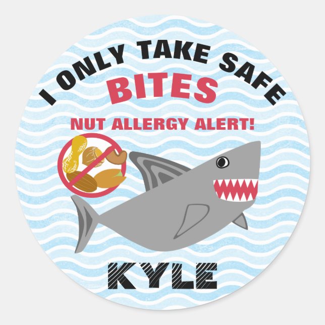 Shark Nut Allergy Alert Customised Cute Kids Classic Round Sticker (Front)