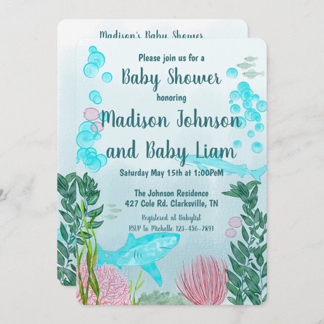Shark, Ocean, Sea Life Baby Shower Invitation (Front/Back)