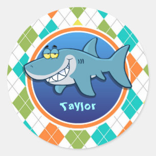 Shark on Colourful Argyle Pattern Classic Round Sticker