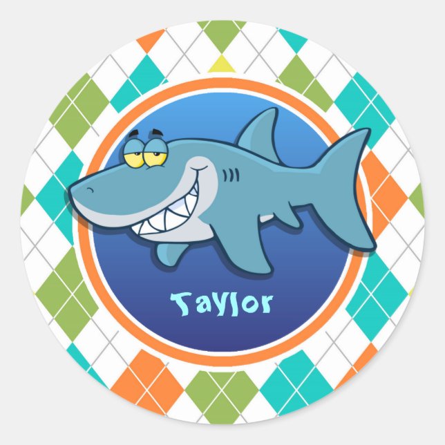 Shark on Colourful Argyle Pattern Classic Round Sticker (Front)