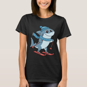 Shark On Skis Cozy Winter Alpine Slopes Cartoon  T-Shirt