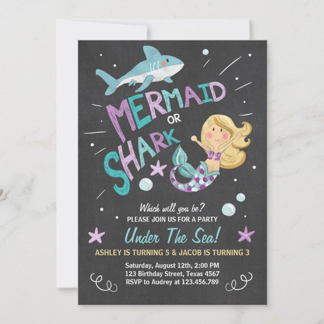 Shark or Mermaid birthday invitation Joint Bday (Front)