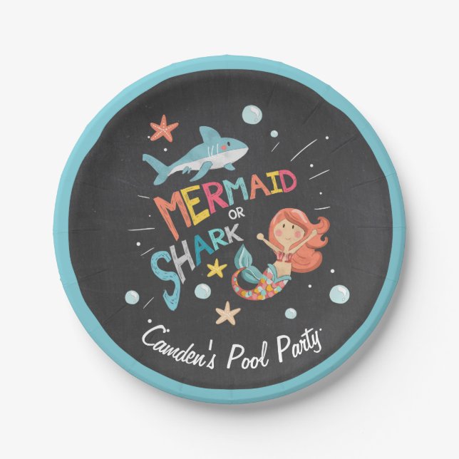Shark or Mermaid Birthday Paper Plate Pool party (Front)