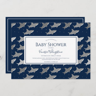 Shark Pattern Dark Blue Grey Baby Shower Invitation