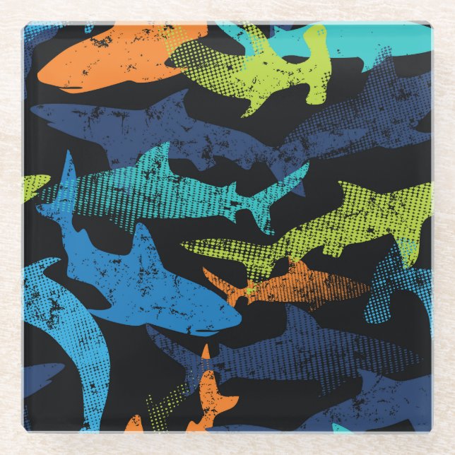 Shark pattern, modern urban glass coaster (Front)