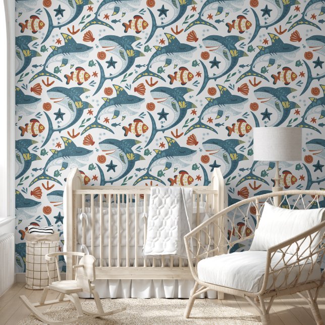 Shark pattern under the sea cartoon animals wallpaper (Kids)