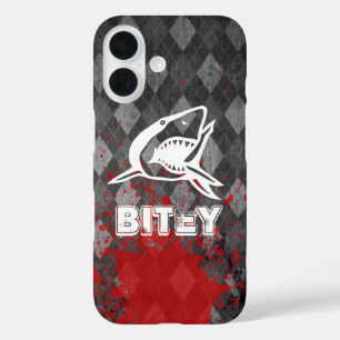 Shark Pictogram on Grungy Black Argyle iPhone 16 Case