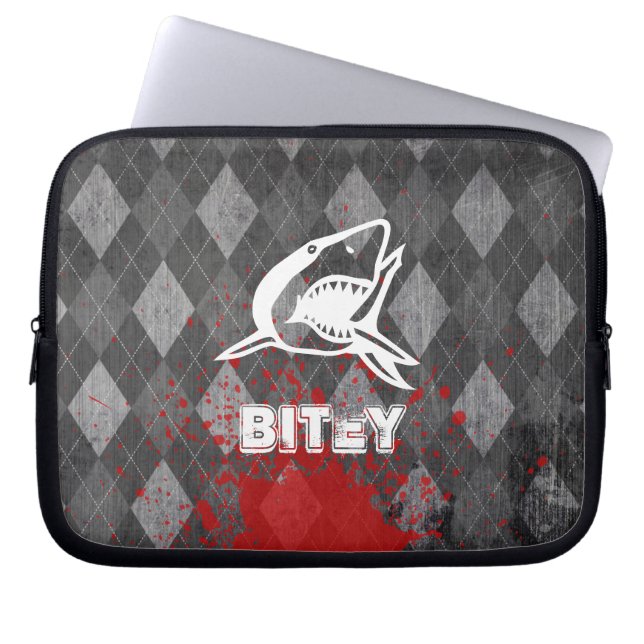 Shark Pictogram on Grungy Black Argyle Laptop Sleeve (Front)