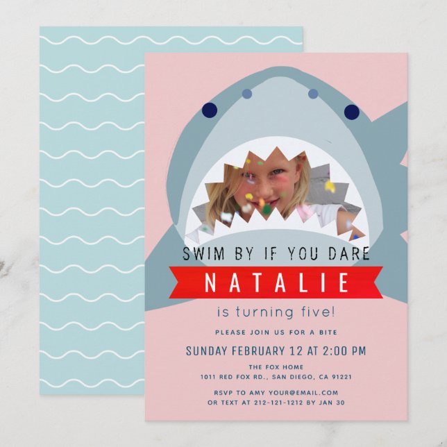 Shark Pink Pool Girl Photo Birthday Invitation (Front/Back)
