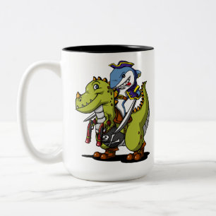 Shark Pirate Riding Funny T-Rex Dinosaur Two-Tone Coffee Mug