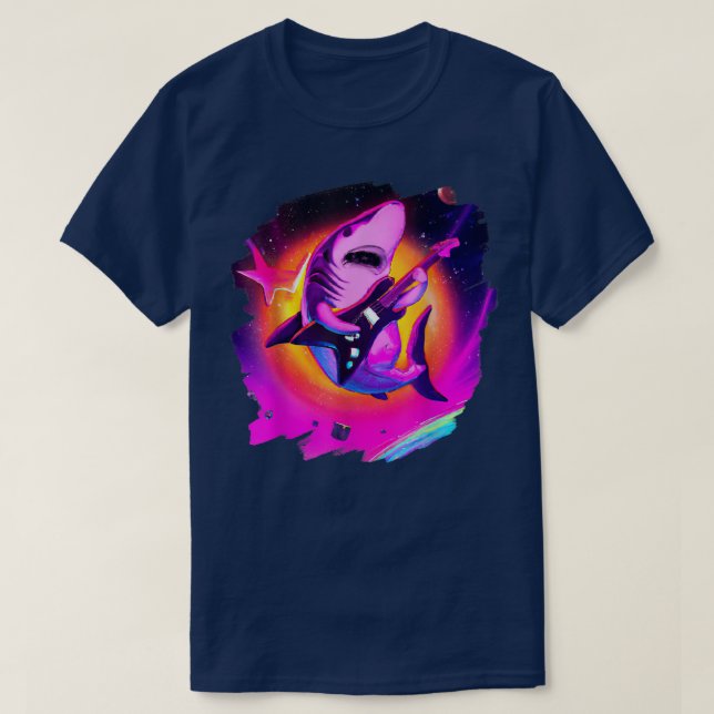 Shark Playing Guitar in Space Outer Space Sharks  T-Shirt (Design Front)