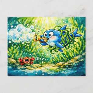 Shark playing trumpet cartoon postcard