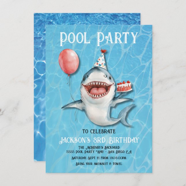 Shark Pool Party birthday cake Balloon Invitation (Front/Back)
