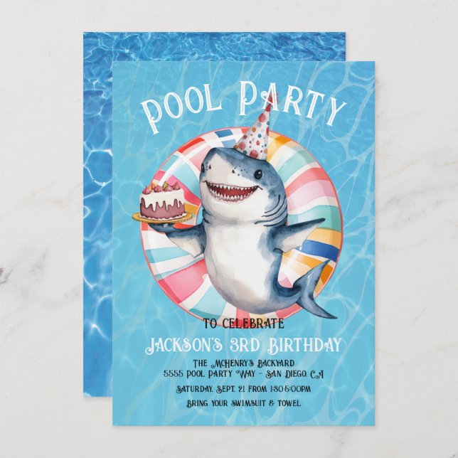 Shark Pool Party birthday cake Invitation (Front/Back)