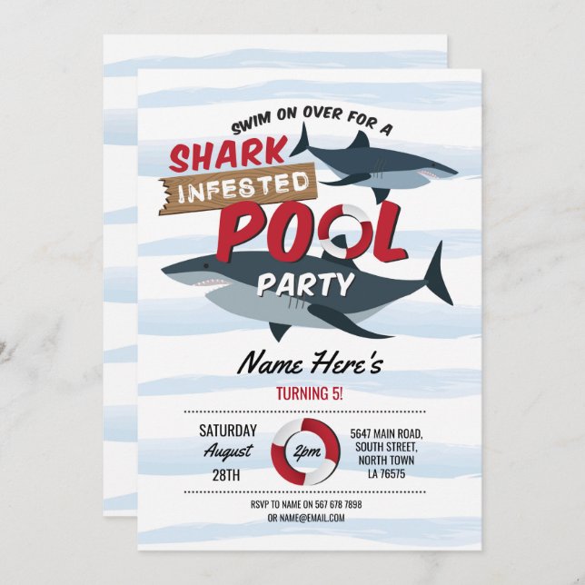 Shark Pool Party Fun Blue Water Birthday Invite (Front/Back)