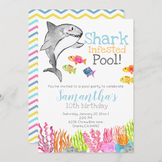 Shark pool party kid birthday invitation (Front/Back)
