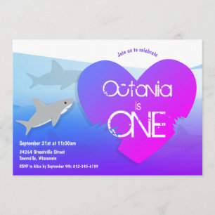 Shark Purple Pink First Birthday Party Invitation