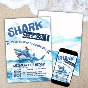 Shark Ride Summer Party Birthday  Invitation