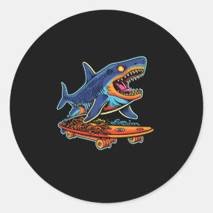 Shark Riding Skateboard Skateboarding Skating Pop Classic Round Sticker