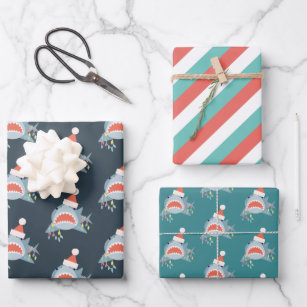 Shark Santa Claus Blue Christmas Holiday Wrapping Paper Sheet