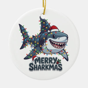 Shark Santa Hat Christmas Lights Merry Sharkmas Ceramic Ornament