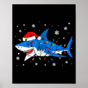 Shark Santa Hat Christmas Lights Xmas Pajama Men W Poster