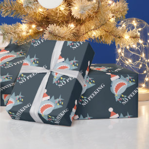 Shark Santa No Peeking Navy Christmas Holiday Wrapping Paper