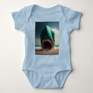 Shark sculpture on the beach baby bodysuit
