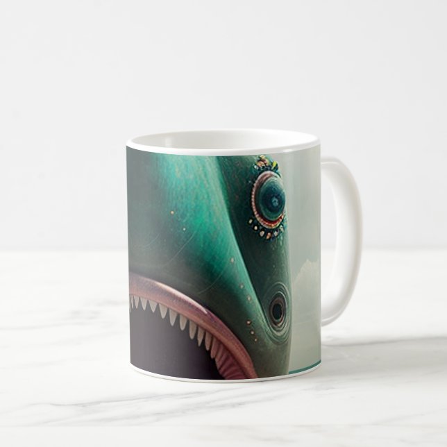 Shark sculpture on the beach coffee mug (Front Right)