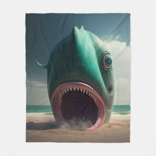 Shark sculpture on the beach fleece blanket