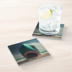 Shark sculpture on the beach glass coaster