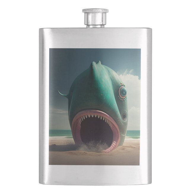 Shark sculpture on the beach hip flask (Front)