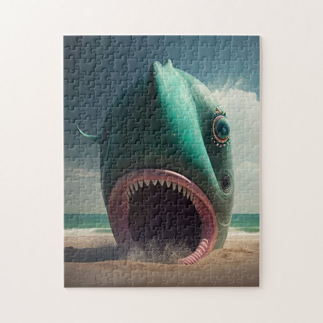 Shark sculpture on the beach jigsaw puzzle (Vertical)