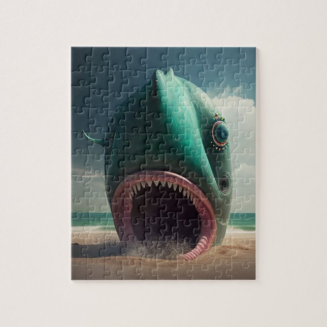 Shark sculpture on the beach jigsaw puzzle (Vertical)