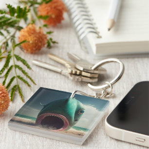 Shark sculpture on the beach key ring
