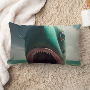 Shark sculpture on the beach lumbar cushion