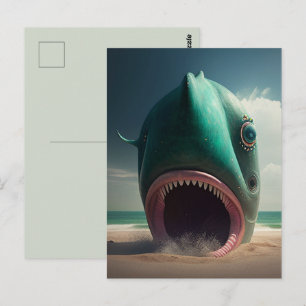 Shark sculpture on the beach postcard
