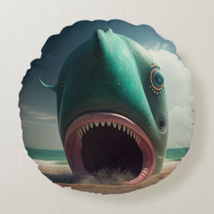 Shark sculpture on the beach round cushion