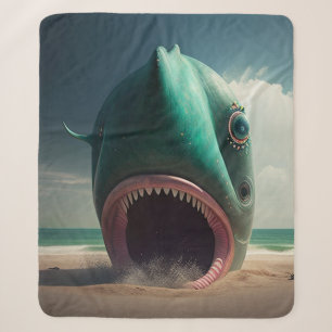 Shark sculpture on the beach sherpa blanket