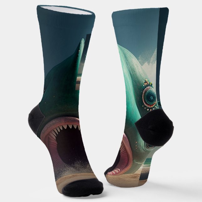 Shark sculpture on the beach socks (Angled)