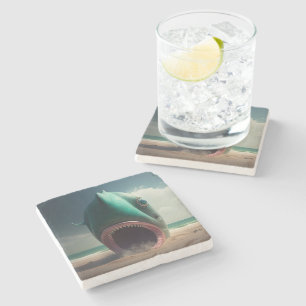 Shark sculpture on the beach stone coaster