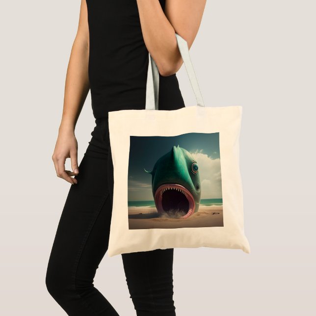 Shark sculpture on the beach tote bag (Front (Product))