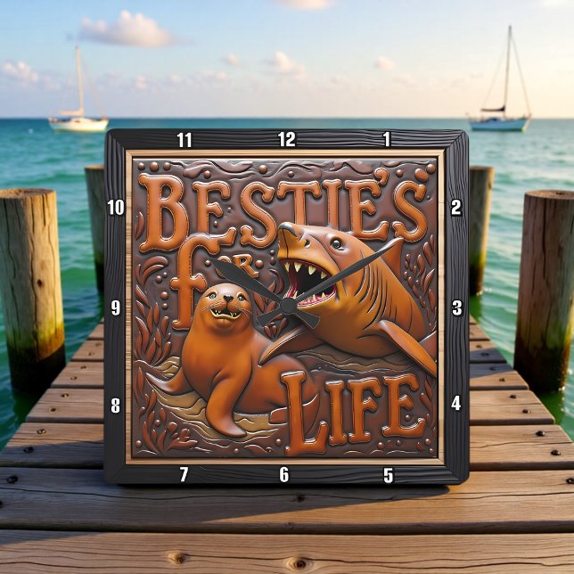 Shark Seal Brown Leather Carving Square Wall Clock (Creator Uploaded)